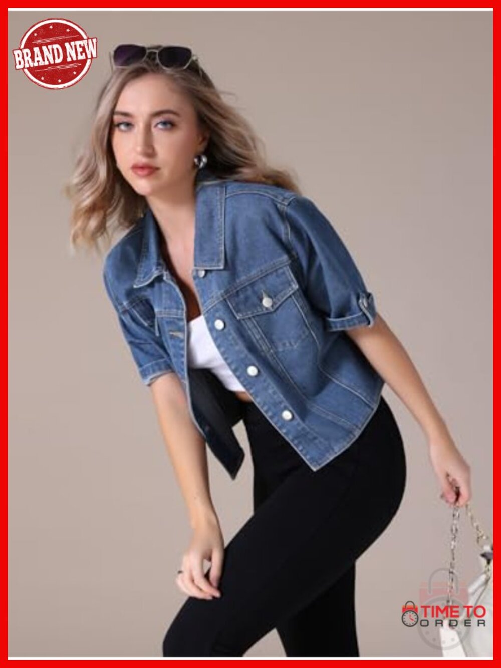 Cropped Button Up Denim Jacket Short Sleeve Jean Jacket Women's Casual - Picture 5 of 6